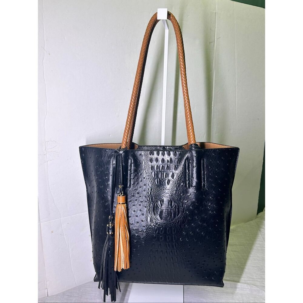 Black Croc Embossed & Tan Faux Leather Large Tote Bag Braided Handle Shoulder Ba